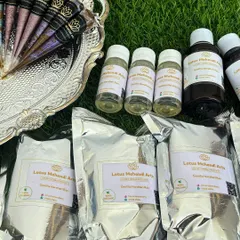 Everything you need for the perfect henna experience. My product line includes premium henna powder, essential oils for mixing, and ready-to-use cones.