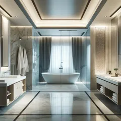 Symmetry and elegance define this bathroom. The freestanding tub is perfectly framed by a glass enclosure and sheer curtains, creating a stunning focal point. Dual vanities provide personal space and balance.