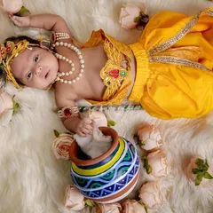 Our little Krishna resting with his matki (pot) of butter. This top-down view on a bed of roses creates a divine and adorable portrait for your baby's first festival.