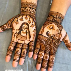 This pair of hands tells a story for the Teej festival. One hand has a portrait of a woman with jhumkas, and the other features a peacock gazing at the moon.