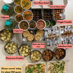 A dinner I served for about 100 guests, showcasing a wide variety of dishes. The spread included starters like Hara Bhara Kabab and Sabudana Vada, mains like Dhaba style Chole Poori, and drinks like Jaljeera.