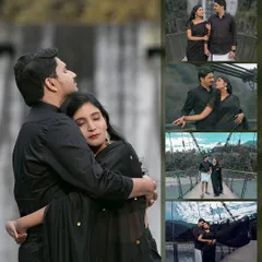 A collage showcasing a love story set against the iconic suspension bridges and lush greenery of Rishikesh. The matching black outfits create a striking contrast with the natural surroundings.