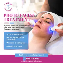 Here you can see a client undergoing a Photo Facial treatment, which uses IPL or LED light technology. This non-invasive procedure is excellent for targeting specific concerns like acne, pigmentation, sun spots, and redness, promoting a clearer and more even complexion.