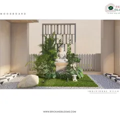 Another design option for the same courtyard space. This version explores a different style of background screen and a more compact arrangement of plants around the central Buddha statue, offering a slightly more modern feel.