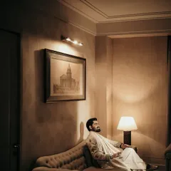 A quiet moment of reflection for the groom. I used the warm, ambient light of the room to create a moody and contemplative portrait before the evening's festivities.