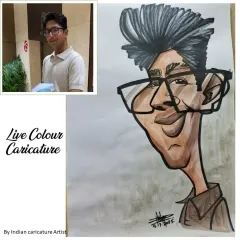 This side-by-side shows the original photo and the final color caricature. I use a stylized approach to color that complements my bold line work.