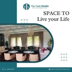 A promotional graphic with the tagline "Space to Live your Life," featuring a grand living room with multiple custom sofas and chairs. This image captures the essence of creating beautiful, functional spaces for everyday living.