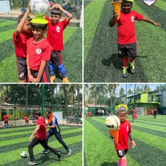 A collage from our Community Fest, showing young players enjoying fun drills like balancing cones and football ice cream cones.