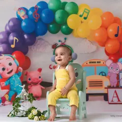 For the little one who loves to sing along, this Cocomelon themed cakesmash is a dream come true. The colorful balloon arch and familiar characters create a vibrant and exciting atmosphere for their big day.