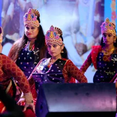 A powerful scene from our dance drama 'Draupadi'. Our performers use intense expression and strong character work to convey the story, showcasing their training in theatrical performance and semi-classical dance.