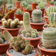 A collection of young cacti in terracotta pots at our nursery. We cultivate a wide range of species, each with its own unique shape and personality, perfect for starting or expanding your collection.