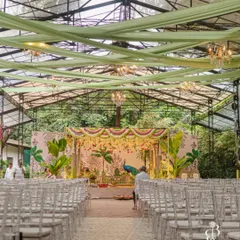 We designed this stunning South Indian wedding mandap in a glasshouse, blending the lush green outdoors with traditional decor. The custom-painted backdrop featuring a majestic peacock and tropical foliage created a vibrant yet sacred atmosphere for the ceremony.
