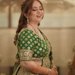 A happy, glowing bride-to-be at her engagement. I used soft, shimmery eyeshadow and a warm blush to create a radiant look that perfectly captures her joy.