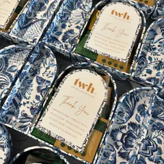 Saying "Thank You" in style. These beautiful blue and white floral boxes were designed as thoughtful thank you gifts, filled with unique items like betel leaf tea and bath salts. It’s a perfect example of how I curate gifts for any occasion.