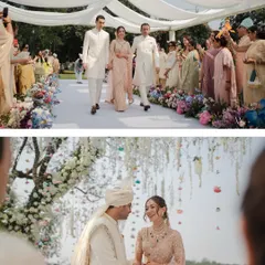 The bride's entry and the couple's loving gaze at the mandap. We design the entire ceremony space to create a cohesive visual story, from the aisle to the altar.