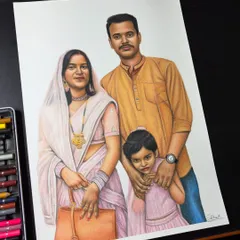 A sweet family portrait for a client in Prayagraj. I used colour pencils to bring out the soft pink tones of their outfits and the warmth of their family moment.