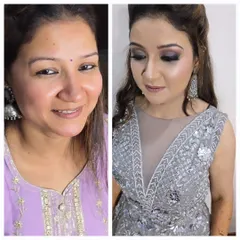 A gorgeous transformation for an evening event. We created a dramatic smoky eye and sculpted her features to complement her stunning silver-grey gown, making her feel confident and empowered.