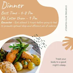For optimal sleep and efficient calorie use, try to have dinner between 6-8 pm. It's important to eat at least two hours before you go to bed to give your body enough time to digest properly.