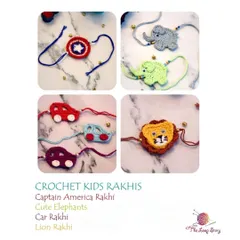 Fun and playful crochet Rakhis for kids, featuring designs like Captain America's shield, cute elephants, cars, and lions.