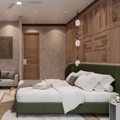 A side view of the bedroom, showing the interplay of the carved wood wall, a comfortable grey sofa, and pendant lighting. The design creates a layered and inviting space with distinct zones for sleeping and lounging.
