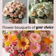 We create flower bouquets of your choice, tailored to your taste. This image displays a variety of styles, from a dense bouquet of pastel roses in a pink box to a vibrant mix of colorful gerberas and roses.