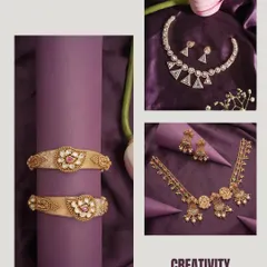 A theme of 'Creativity'. The rich purple background provides a royal and imaginative setting for these unique gold and diamond jewelry sets, showcasing their artistic designs.