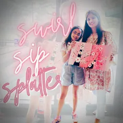 Swirl, sip, and splatter. A mother-daughter pair with their beautiful textured cherry blossom paintings, a perfect memory of their creative day out.