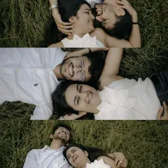 A collage of happy moments lying in the grass. These top-down shots capture the couple's carefree laughter and easy intimacy.