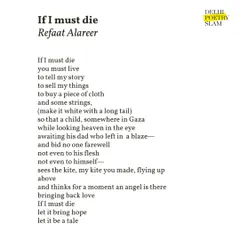 The contest alert for 'My Words for Palestine', featuring the poem 'If I must die' by Refaat Alareer. We believe poets have a responsibility to speak out against the injustices of the world.