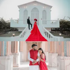 I offer a diverse range of styles in a single shoot. This couple enjoyed a grand, fairytale moment with a flowing red gown at my private film city, alongside a classic portrait session in traditional attire against Jaipur's heritage architecture.