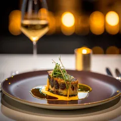 A perfectly seared fish fillet sits atop a rich, flavourful sauce, garnished with fresh herbs. The warm, ambient lighting from the candle and bokeh background highlights the intimate, fine-dining atmosphere we create for any event.