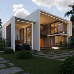 This contemporary villa design features clean lines, expansive glass walls, and a minimalist white and grey color scheme. The open-plan ground floor and cantilevered upper level create a sense of lightness and space, ideal for modern tropical living.
