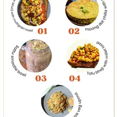 A visual list of my top 5 vegetarian breakfasts for weight loss, including paneer bhurji, sattu smoothie bowl, and quinoa veg upma.