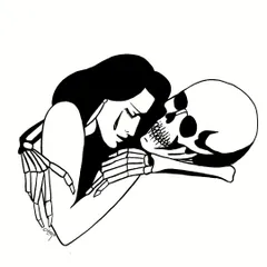 A black and white ink drawing exploring themes of love, loss, and memory. This piece, showing a woman embracing a skeleton, captures the feeling of holding on to someone who is no longer there.