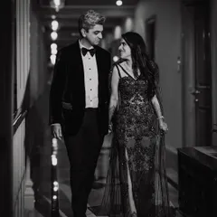 A classic black and white shot of the couple walking hand-in-hand. It feels like a still from a romantic movie.