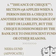 This graphic explains the first condition for a Section 138 case. The law applies when a cheque issued to clear a debt or liability is dishonored by the bank due to insufficient funds or other reasons.