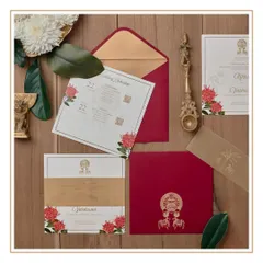 We loved creating this suite that represents the coming together of two beautiful cultures, Kerala and Karnataka. The design features custom illustrated motifs like the Kathakali crown and Nandi bulls, printed in rich red and gold.