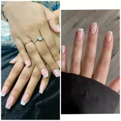 This image shows my work next to a client's inspiration photo. I recreated this trendy side-French manicure with abstract white lines on natural-looking square extensions.