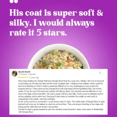 A super soft and silky coat is one of the first things pet parents notice after switching to our food. This review from a Golden Retriever parent confirms how our nutrient-rich diet, free from common allergens, promotes a healthy skin and coat.