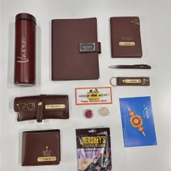 This is a closer look at one of my popular Rakhi combos. It features a full set of personalized vegan leather accessories in a rich brown, including a flask, diary, wallet, and more.