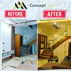 A powerful before and after comparison of a living area renovation. We transformed an underutilized space beneath a staircase into a functional and elegant area with custom storage and a modern glass railing, completely changing the feel of the room.