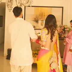A beautiful moment from a puja ceremony, with another of our artworks gracing the wall. We are grateful to be a part of our clients' most meaningful celebrations.