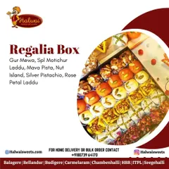 My Regalia Box is the ultimate festive gift, featuring an exquisite assortment including Gur Mewa, Motichur Laddu, Mava Pista, and Rose Petal Laddu.
