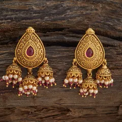 A beautiful pair of jhumkas with a teardrop-shaped stud and three small bells cascading below. Each bell is adorned with pearls and ruby-colored beads, creating a lovely cluster effect.