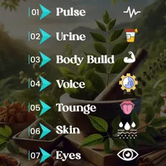 A look at the 7 key diagnostic indicators in Ayurveda, including Pulse (Nadi), Tongue (Jihva), and Eyes (Drik), which help us create a complete picture of your health.
