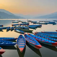 A serene evening at Phewa Lake, Nepal, where dozens of colorful boats rest on the calm water. This travel photograph captures the peaceful atmosphere and beautiful light of the landscape just before sunset.