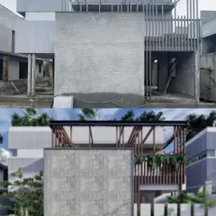 Another before-and-after visualization of the 'Udyana' project, highlighting the textural concrete wall and wooden pergola elements.