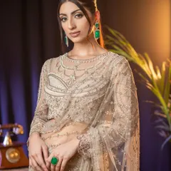 An elegant and sophisticated look suitable for a reception or evening event portfolio. The model wears a delicately embroidered sheer saree, with makeup focused on sharp, defined eyes and a neutral lip, accented by modern emerald jewellery.