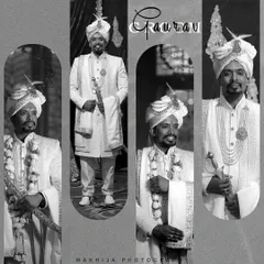 A classic black and white collage of the groom, Gaurav, in his wedding attire. The different poses showcase his royal look, complete with the turban and sword.
