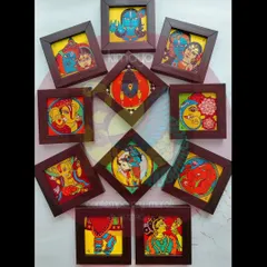 These 4x4 inch framed fridge magnets were a special order for a client in Canada. Each one is a tiny, hand-painted piece of art, featuring various deities and folk art motifs, making for a unique and personal gift.